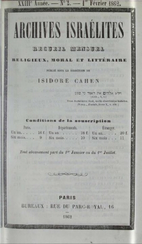 Archives israélites de France. Vol.23 N°02 (férier 1862)